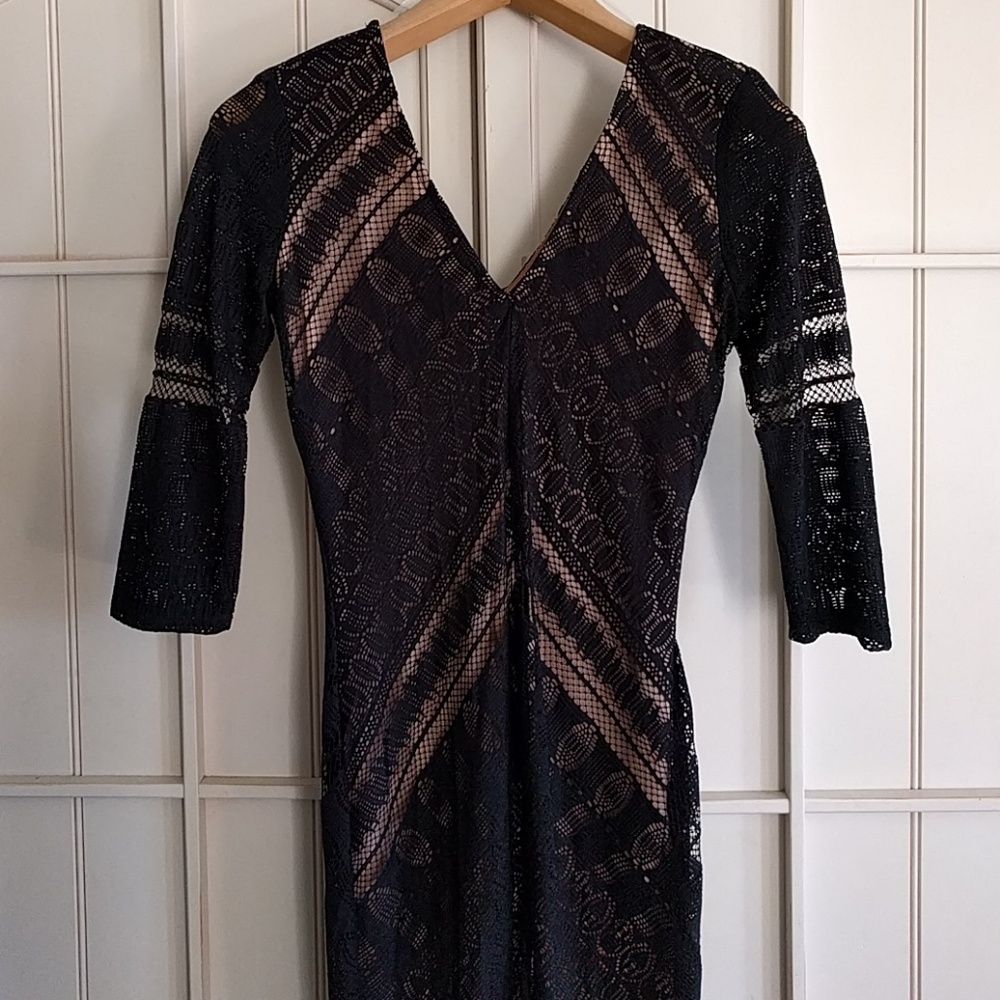 Medium Black and Nude Lace Midi Bodycon Dress